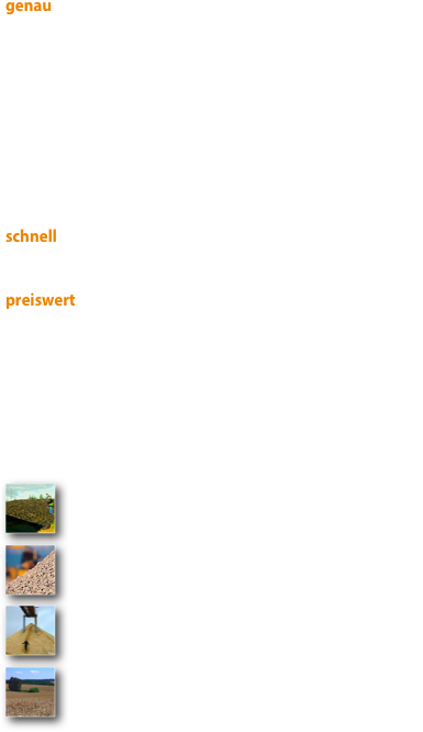 genau:  durch den Einsatz hochgenauer  GPS-Vermessungstechnik ist es uns möglich, die Lage- und Höhenkoordinaten präzise zu bestimmen. Wir erreichen eine Messgenauigkeit im Subzentimeterbereich, was bedeutet, dass mit der entsprechenden Anzahl an Messpunkten eine Volumenbestimmung  im Kubikmeterbereich möglich ist. Die Genauigkeit der Volumenermittlung wurde durch die Bundesanstalt für Landwirtschaft und Ernährung (BLE) bestätigt. Dipl. Ing. Benjamin Wende ist als Fachkundige Person (FkP) durch die BLE-Bonn zertifiziert und somit bevollmächtigt Kontrollmessungen für die Erteilung von Energiepflanzensubventionen durchzuführen. 
schnell:  der Zeitaufwand beim Einsatz unserer GPS-Technik ist deutlich geringer gegenüber herkömmlichen optischen Systemen des Vermessungswesens. 
preiswert:  der verminderte Zeitaufwand erhöht die Effektivität. Wir sind so in der Lage, deutlich mehr Messpunkt aufzunehmen. Damit steigt die Genauigkeit der Vermessung und der darauf folgenden Berechnungen. Die Leistung erhöht sich und die Kosten
sinken, zum Vorteil für den Kunden.



wir vermessen
￼
  Silage
  BLE  geprüft￼
  Baustoffrecycling
  Betonbruch, Kies
￼
  landw. Schüttgut
  Zuckerrüben, Getreide, u.a
￼
  Schlagvermessung
  zentimetergenau